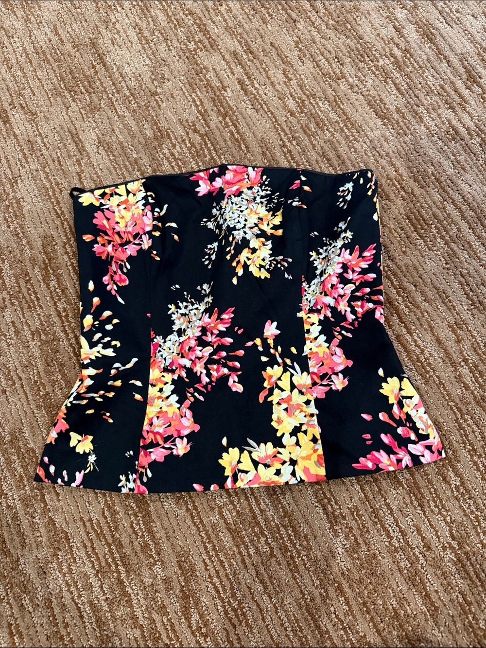 White House Black Market Black Strapless Floral Peplum Top